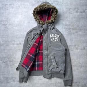 Y2K Aeropostale Plaid Lining zip up hoodie fur hood Jacket